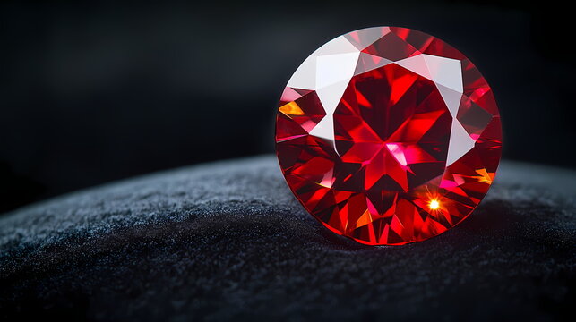 Large round cut red ruby gemstone shining on black velvet