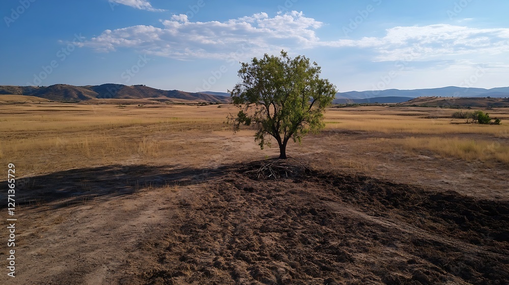 Poster Lonely tree in a vast dry landscape with mountains and blue sky creating a tranquil scene : Generative AI