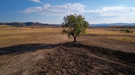 Naklejka premium Lonely tree in a vast dry landscape with mountains and blue sky creating a tranquil scene : Generative AI