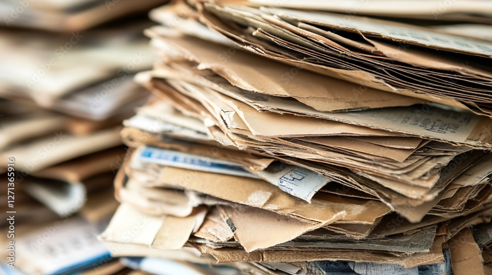 Poster a chaotic stack of old vintage papers and documents creating a nostalgic and historical atmosphere :
