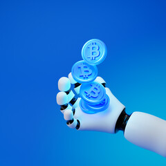 Robot cartoon hand holding falling digital coins with bitcoin sign isolated over blue background. 3D rendering.