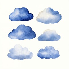 Collection of Watercolor Clouds in Shades of Blue and White in Various Shapes and Sizes