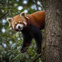 Fototapeta premium Panda roux dans le parc animalier de Sainte-Croix en Moselle Red panda in the jungle A red panda sits playfully on a wooden floor, surrounded by indoor plants in a cozy, sunlit room