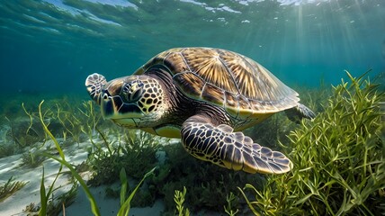 Graceful green sea turtle swimming in vibrant blue tropical ocean