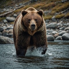 Obraz premium A brown bear fishing in a cascading waterfall surrounded by lush greenery, with water droplets sparkling in the sunlight. A grizzly bear catching a salmon mid-air in a rushing river.