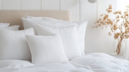Obraz premium Cozy White Pillows on a Soft Bed with Dried Flowers Accentuating the Calm Setting : Generative AI