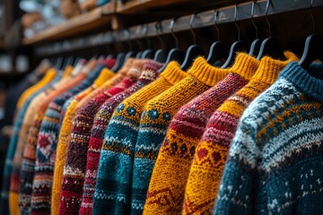 Colorful knitted sweaters displayed on hangers in a cozy shop, inviting winter shopping atmosphere