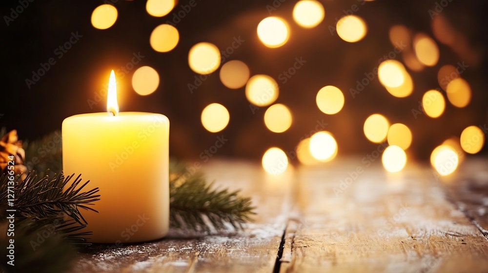 Aufkleber Soft glowing candle with pine decorations and bokeh lights creating festive ambiance : Generative AI