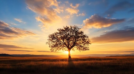 Fototapeta premium Majestic tree silhouette against a stunning sunset backdrop in open field : Generative AI