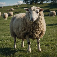 Obraz premium A Majestic Sheep in a Verdant Pasture: A Close-up Portrait of a Fluffy Sheep A sheep with a fluffy coat in a vibrant green pasture. there are many sheep standing in a field with mountains in the 