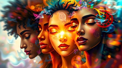 Fototapeta premium Surreal Abstract Portrait – Diverse Faces Merging into a Vibrant Symbol of Unity, Zero Discrimination Day