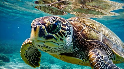 Graceful green sea turtle swimming in vibrant blue tropical ocean