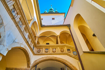 Stara radnice (Old Town Hall) in Brno with spectacular shields with coats of arms on the balcony, Czech Republic © efesenko