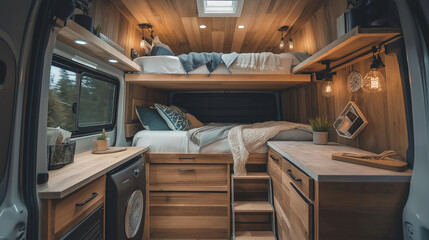 High-roof van with a loft-style bed, storage staircase, and hanging pendant lights, warm wood accents, compact but luxurious design, lifestyle photography