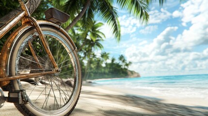 Fototapeta premium Vintage bicycle resting on tropical beach with palm trees and serene ocean under a bright blue sky, perfect summer vibe