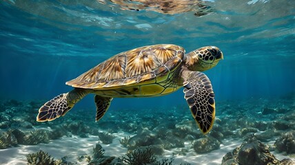 Fototapeta premium Graceful green sea turtle swimming in vibrant blue tropical ocean