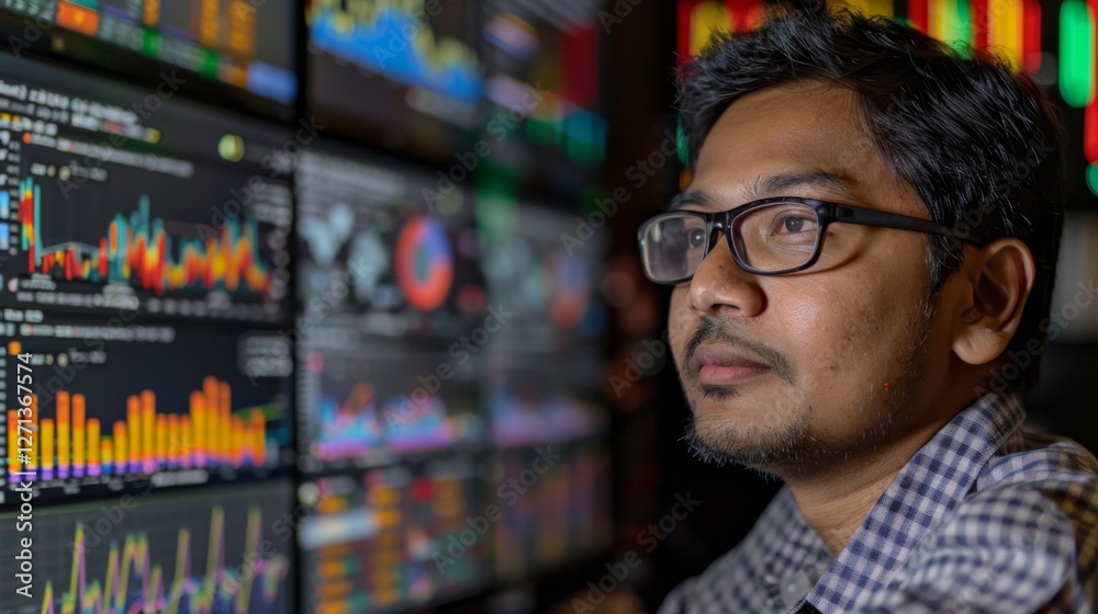 Poster an individual examines intricate market data displayed across several screens in a finance office, d