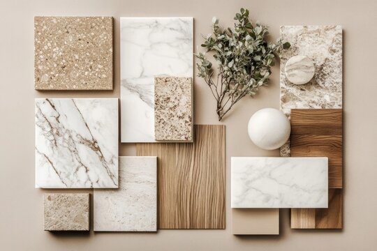 A material board showing an interior design moodboard samples marble wood.
