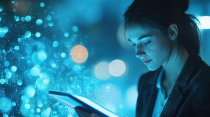 Attractive businesswoman using tablet with creative glowing digital business interface on blurry blue background. Finance, innovation, trade and growth concept