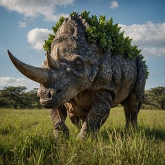 Fototapeta premium Cartoon dinosaur Triceratops, on the landscape of those times Utahceratops Gettyi Large herbivore from Late Cretaceous A large, spiked dinosaur walks through a forest 