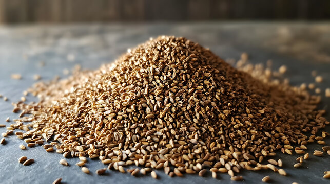 A large pile of cumin seeds scattered on a flat surface, with their earthy brown tones and elongated shapes clearly visible.
