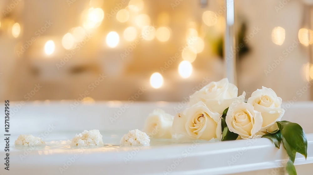 Aufkleber luxurious bathroom setting with floating roses in a serene bath surrounded by warm glowing lights : 