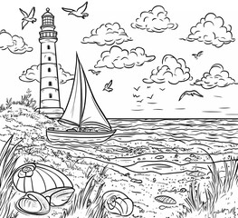 Coloring page for kids, featuring a sea landscape with a sailboat and seagulls in the sky, a lighthouse on an island, shells, grasses, and flowers