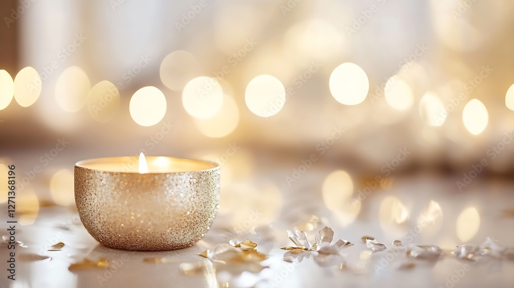 Poster beautiful candle in a sparkling holder illuminated by soft golden light creating a cozy atmosphere :