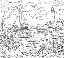 Coloring page for kids, featuring a sea landscape with a sailboat and seagulls in the sky, shells on beach grass, and clouds over a lighthouse