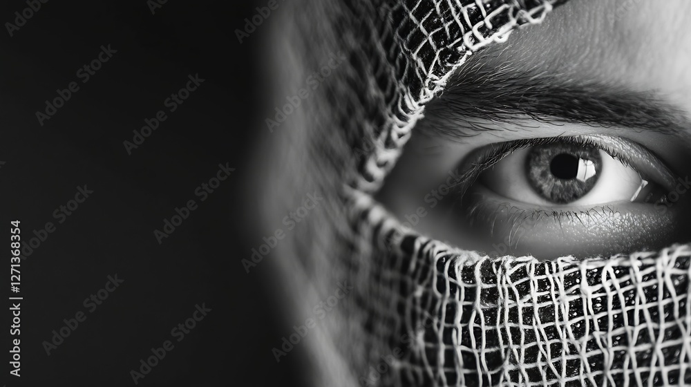 Poster close up of an intense eye covered by a mesh fabric in dramatic black and white photography : genera