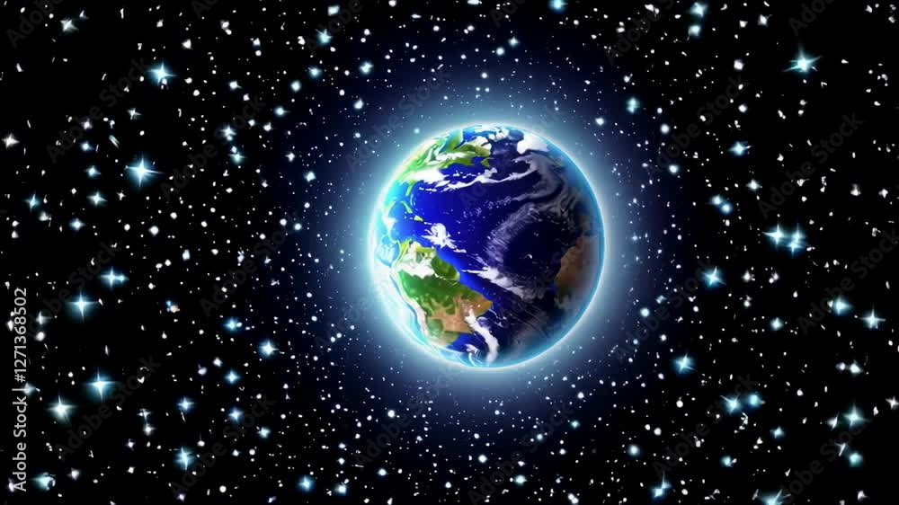 Poster rotating planetary globe revolving against starry cosmic background, showcasing earth's orbital move