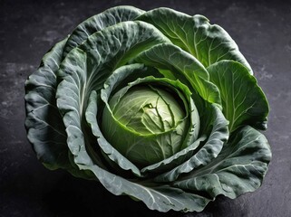 Fototapeta premium A fresh green cabbage rests on a cool, matte slate stone surface.