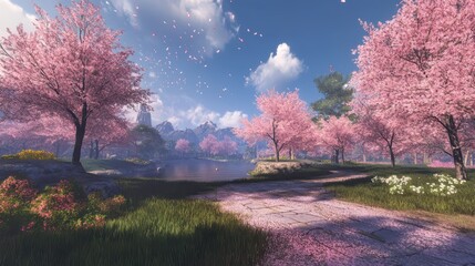 An Ethereal Scene of Cherry Blossoms Blooming in a Tranquil Park, with a Gentle Breeze and a Feeling of Peace During the Spring Equinox