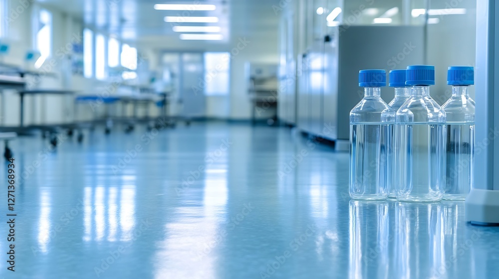 Poster clear glass bottles lined up in a sterile lab environment symbolizing purity and cleanliness : gener