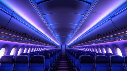 Fototapeta premium Modern Airplane Cabin Interior with Purple LED Lighting - Luxury Air Travel Concept