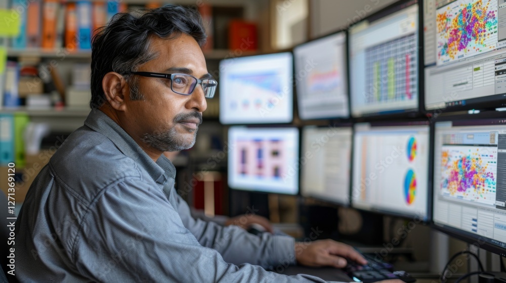 Poster Man focused on analyzing data trends while seated at a desk surrounded by multiple computer monitors showcasing various graphs and charts in a bright office setting.