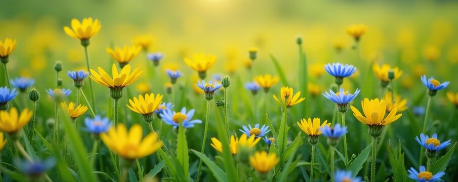 Field of knapweed with bright yellow and blue cornflowers blooming, field flowers, wildflower fields, cornflower