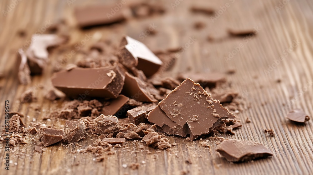 Poster broken pieces of chocolate on a rustic wooden table displaying tantalizing dessert appeal : generati