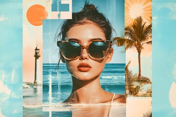 A collage of beach photos, social media icons, and sunglasses on top of the background. The main character is an attractive woman with short hair wearing black shades in front of a retro blue sky