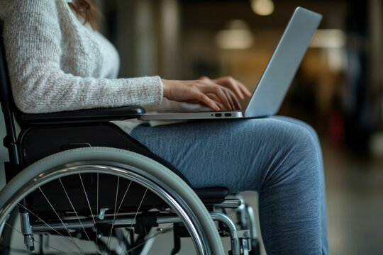 woman in a wheelchair joining her coworkers at a roundtable discussion, contributing valuable insights, minimal background with copy space