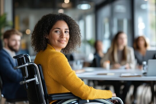 woman in a wheelchair joining her coworkers at a roundtable discussion, contributing valuable insights, minimal background with copy space