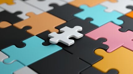 A colorful array of puzzle pieces displayed on a table, emphasizing the challenge and enjoyment of assembling them. One white piece stands out, inviting creative thinking and fun.