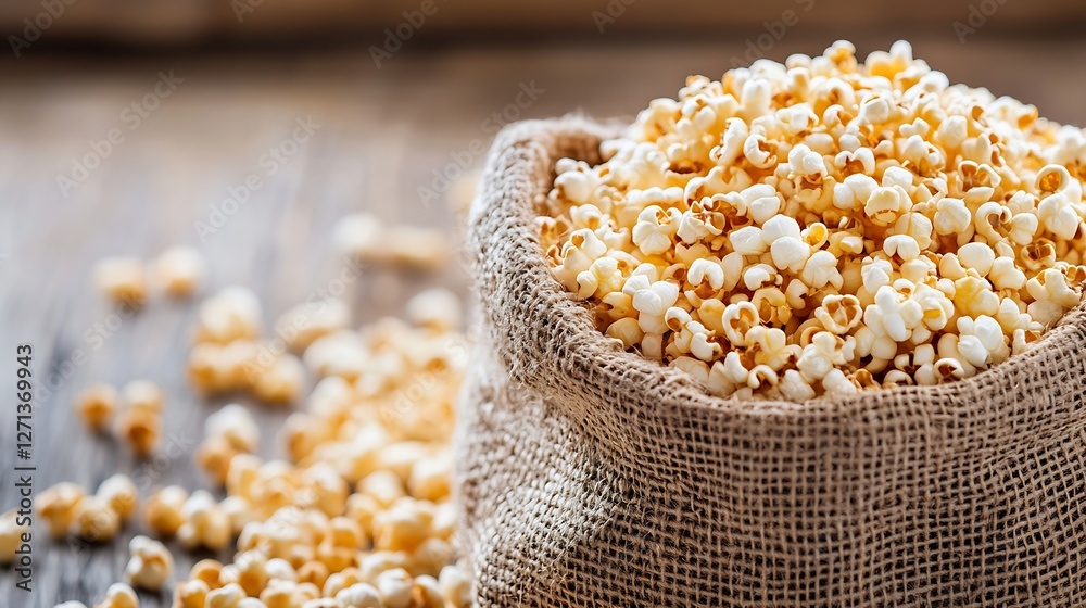 Poster freshly popped popcorn spilling out of a rustic burlap sack on a wooden table : generative ai