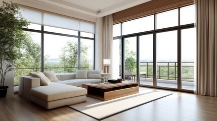 Fototapeta premium Modern Beige Living Room with Balcony Views