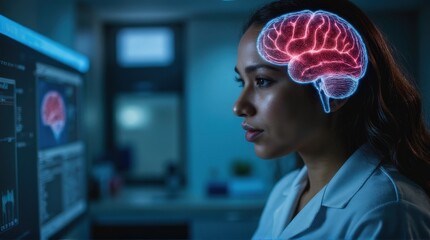 Female doctor analyzing digital monitors while a holographic projection of her brain appears on her
