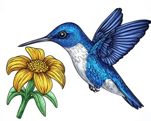 Obraz premium Blue Hummingbird Hovering Near Yellow Flower