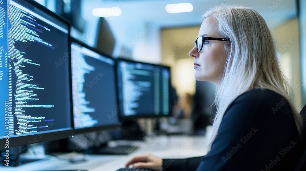 Aufkleber Female information technology expert engaged in programming with multiple computer screens displaying code : Generative AI