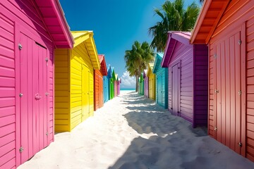 Fototapeta premium Colorful beach huts along the sandy shore in sunny weather. The colorful houses line up on both sides of an empty sand path with palm trees behind them