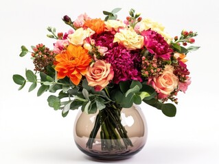 Fototapeta premium This is a colorful bouquet of flowers arranged in a vase. The arrangement includes roses, daisies, and other seasonal blooms.