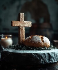 A rustic wooden cross stands beside freshly baked bread on a stone altar, symbolizing Christian faith and the Eucharist. A candle in the background adds warmth.